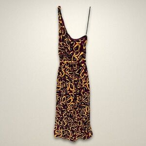 Nicole Miller Maxi Dress One-Shoulder Tie Waist‎ Burgundy/Yellow/Black W 14 NWT